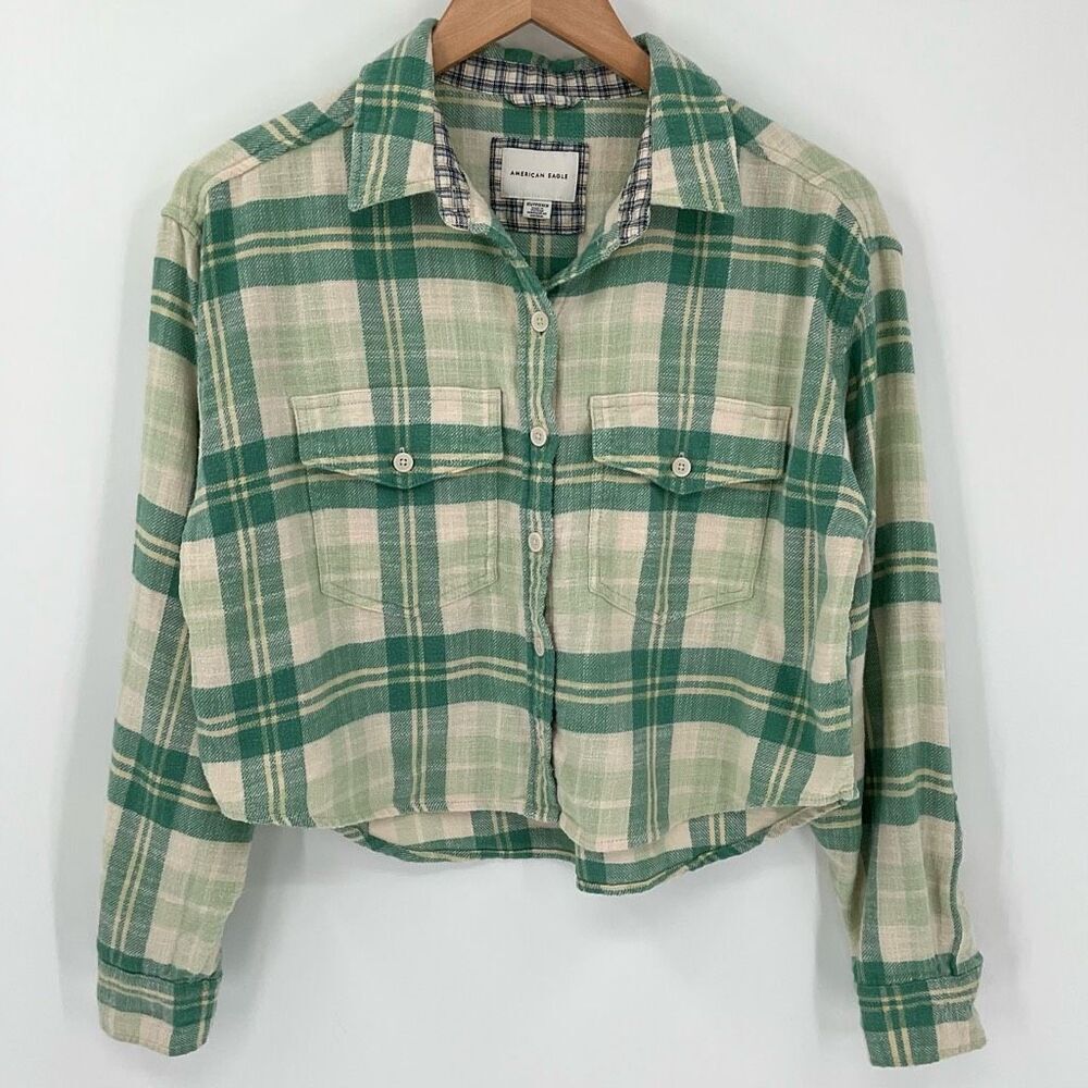 American Eagle Cropped Flannel Button Up Long Sleeve Plaid Shirt‎ Green Women XS